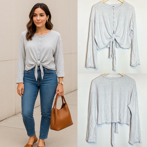 𝅺Free People | Emmas Henley Top Tie Waist Crop Bell Sleeve 1/2 Button Up - Picture 1 of 9